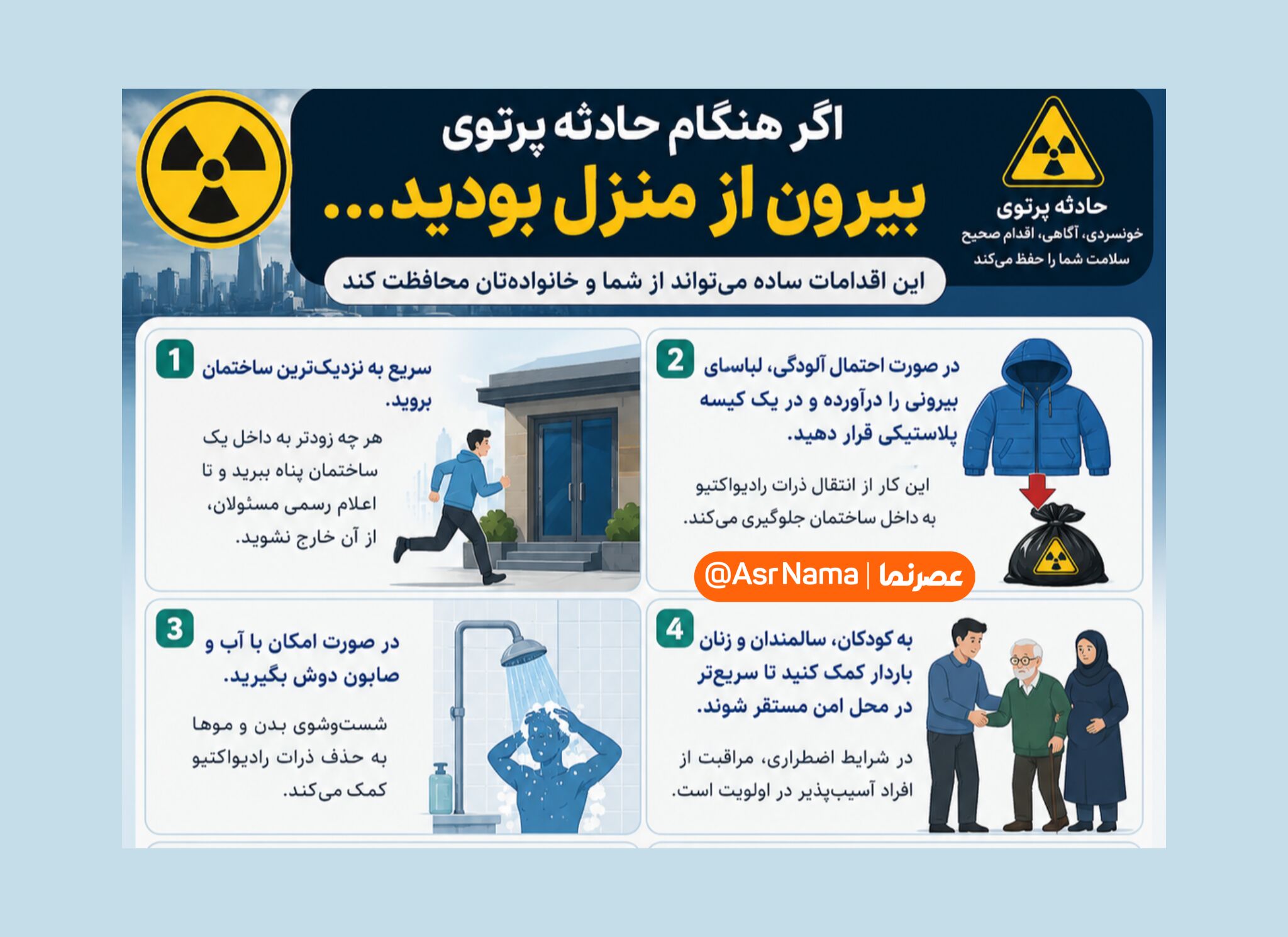 اگر هنگام حادثه پرتوی بیرون از منزل بودید، این اقدامات را انجام دهید